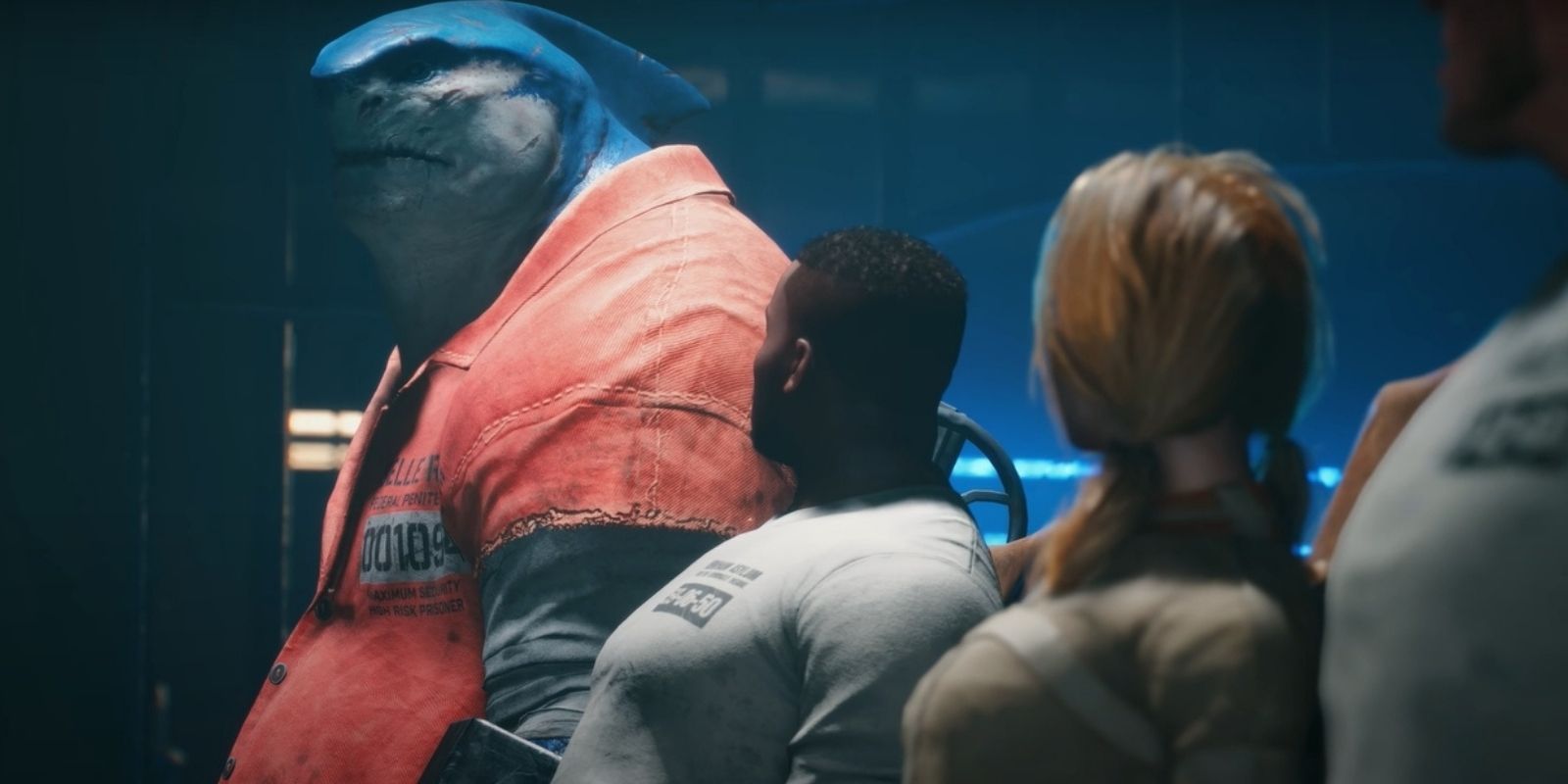 King Shark, Deadshot, Harley Quinn and Captain Boomerang strapped to vertical beds in Suicide Squad: Kill the Justice League