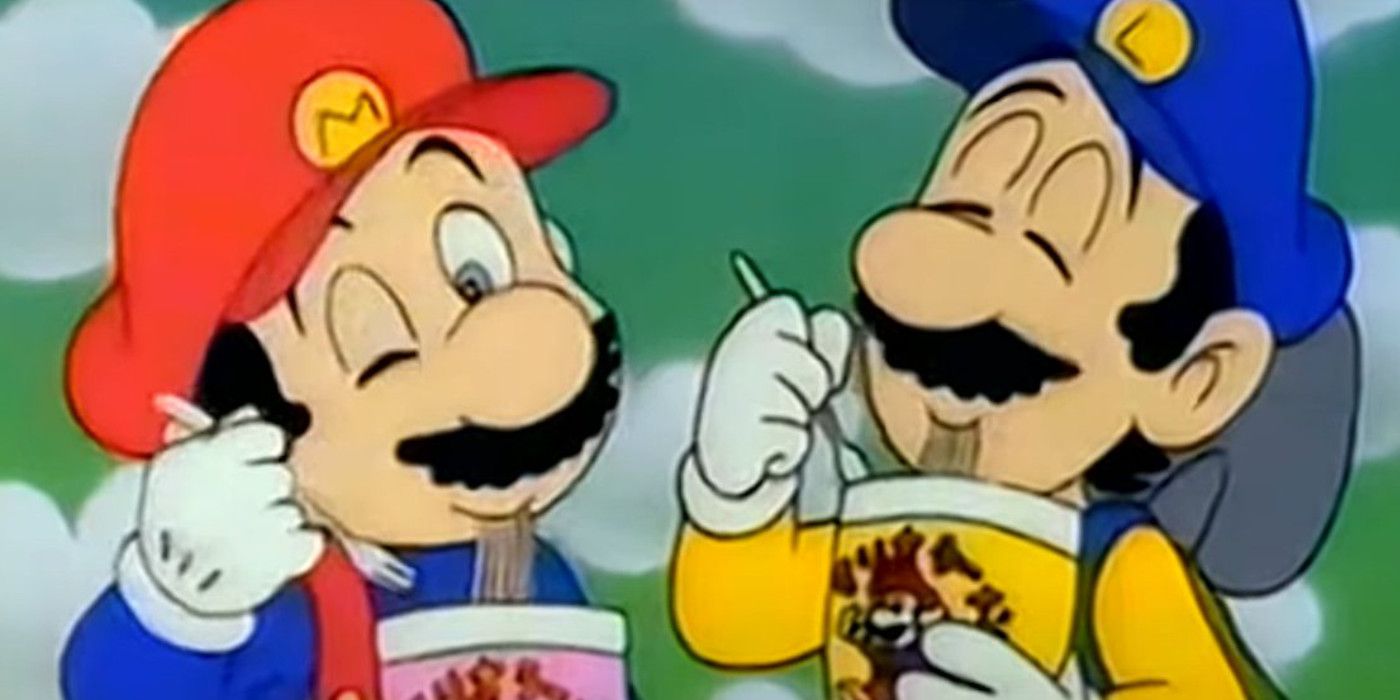 Mario and Luigi eating noodles