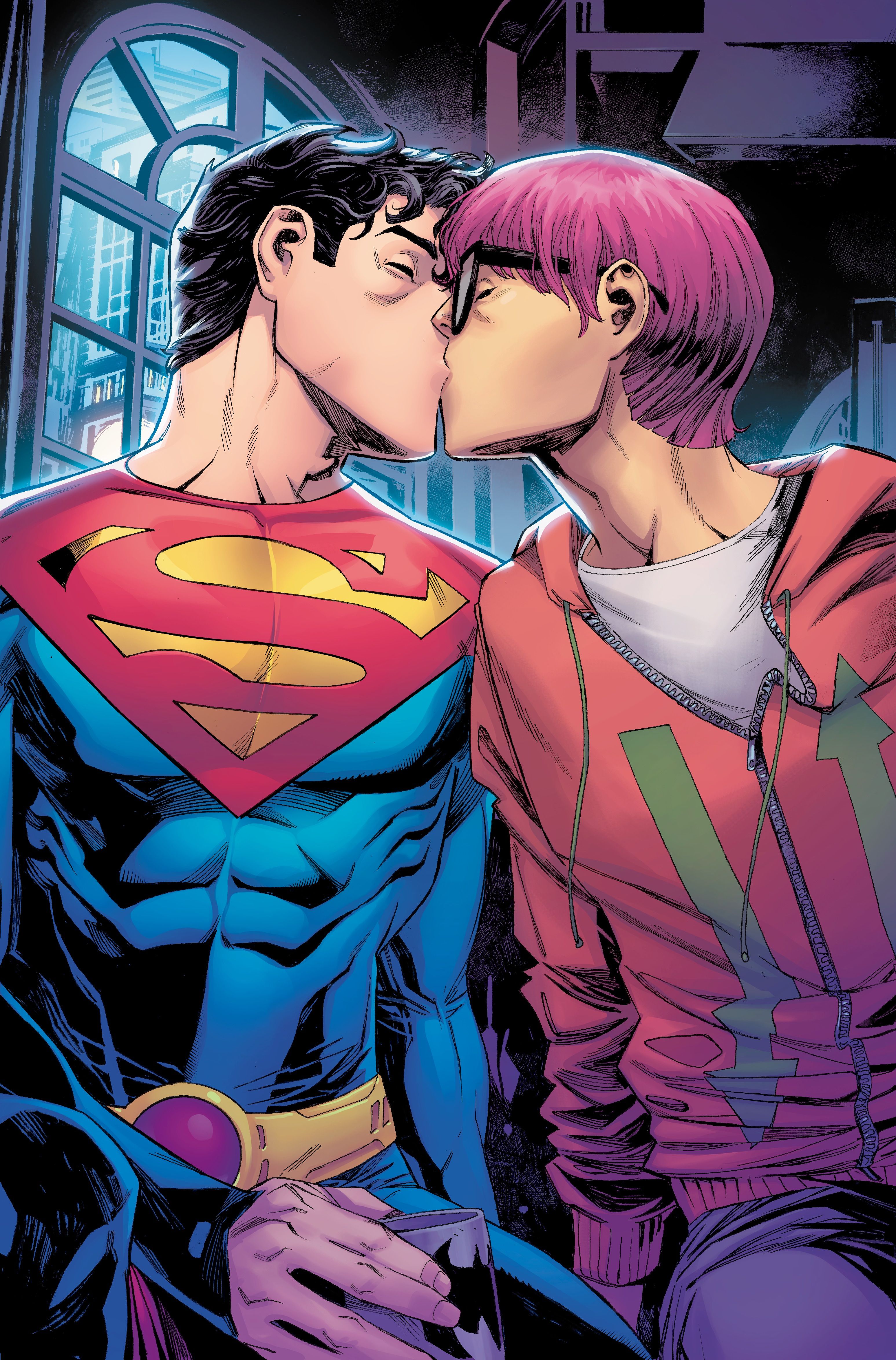 Jay Nakamura and Jon Kent kissing in interior art from Superman Son of Kal El 5 by John Timms and Hi Fi