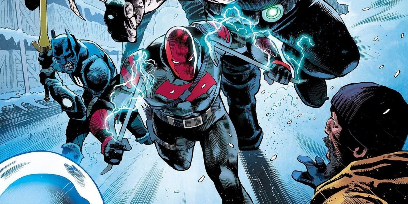 Red Hood leading Task Force Z in interior art by Eddy Barrows