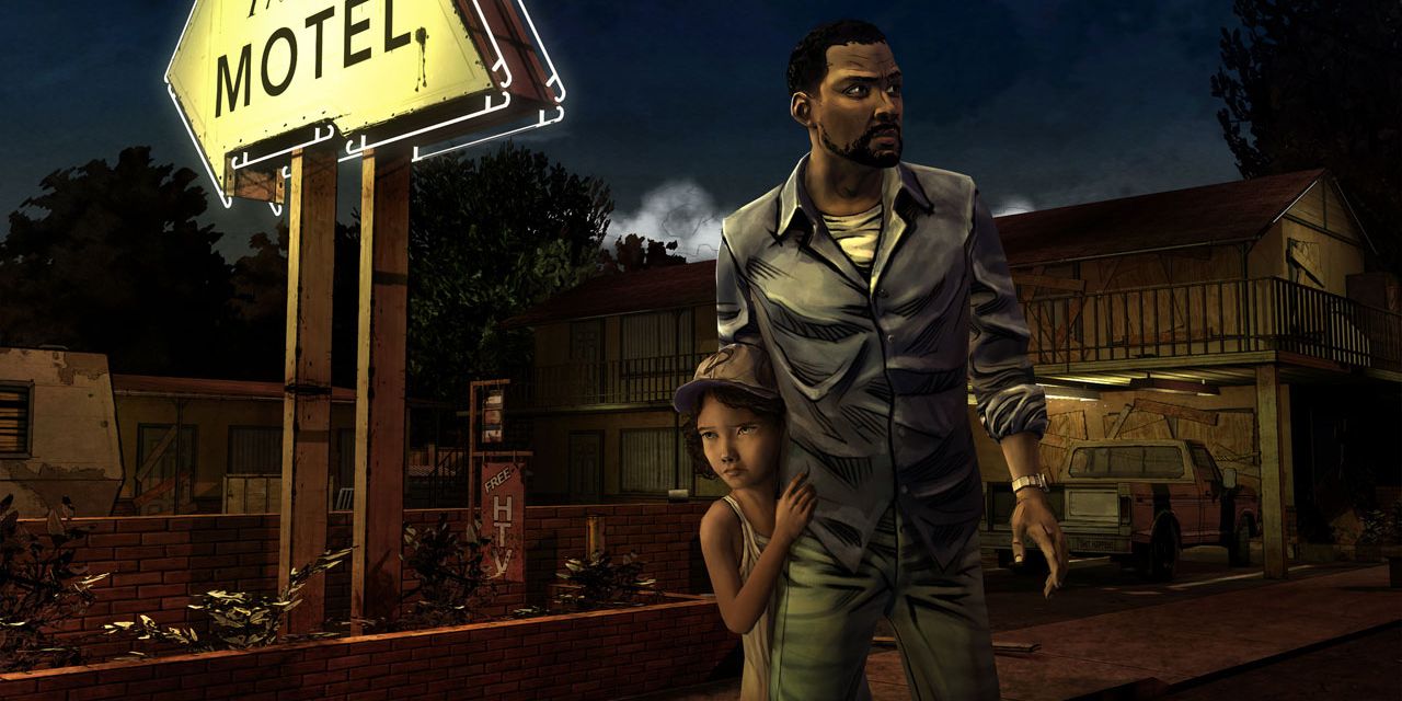Clementine hides behind Lee at the motel in Telltale's The Walking Dead.