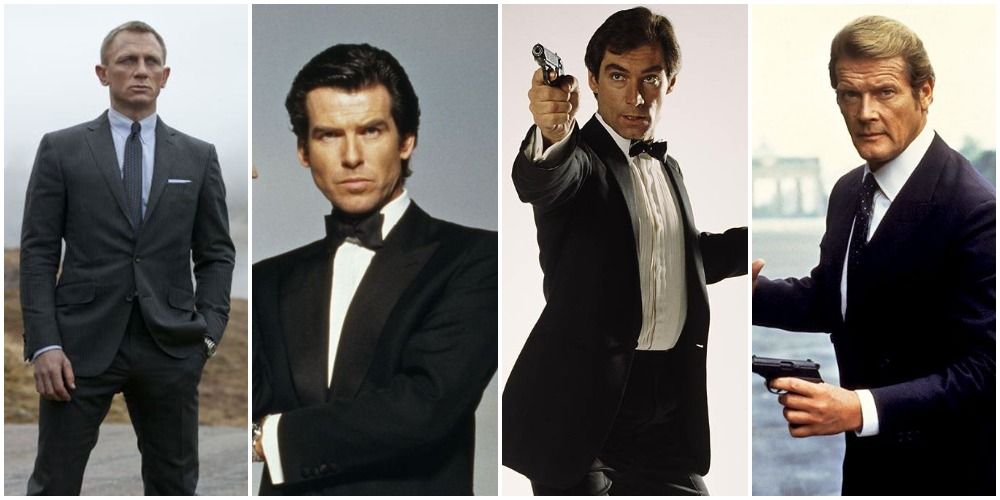 Daniel Craig, Pierce Brosnan, Timothy Dalton, and Roger Moore in their portrayals of 007 James Bond