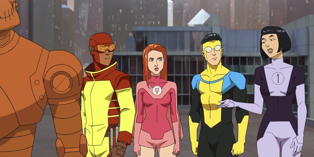 The cast of Invincible, including Mark Grayson and Atom Eve
