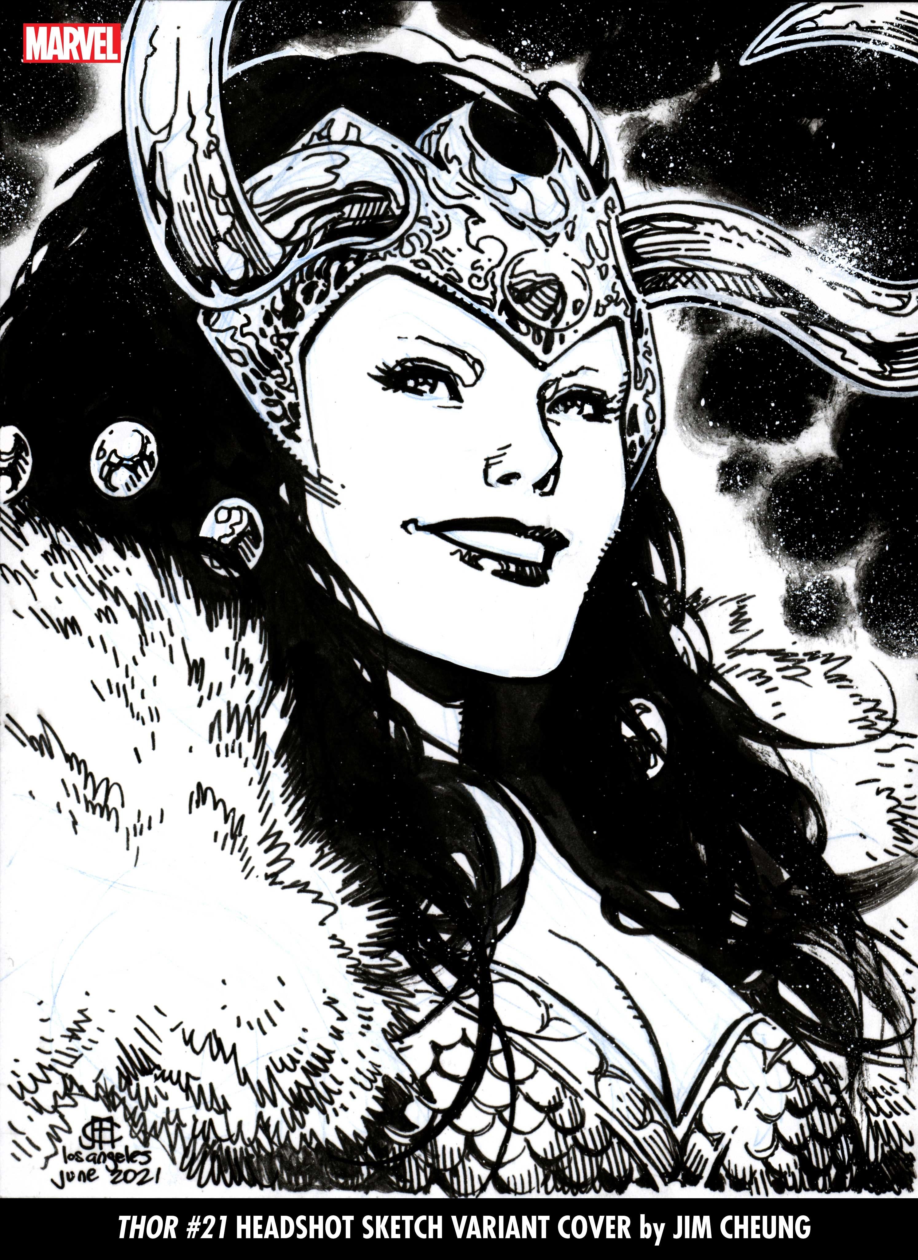 Black and white headshot cover of Lady Loki by Jim Cheung