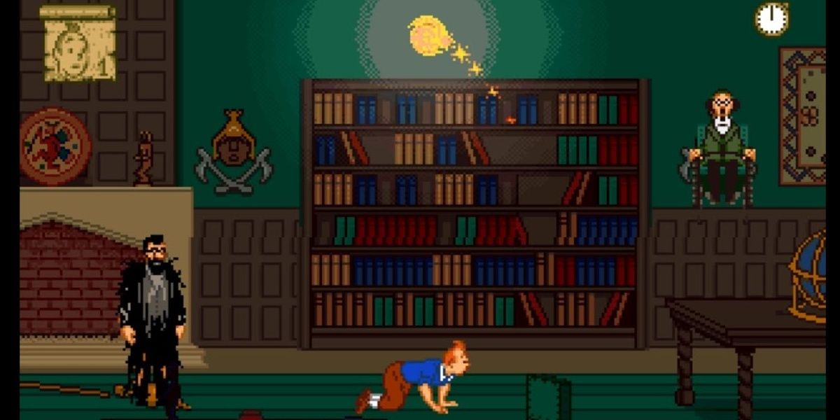 Tintin prisoners of the sun tintin calculus and haddock in a library with ball lightning