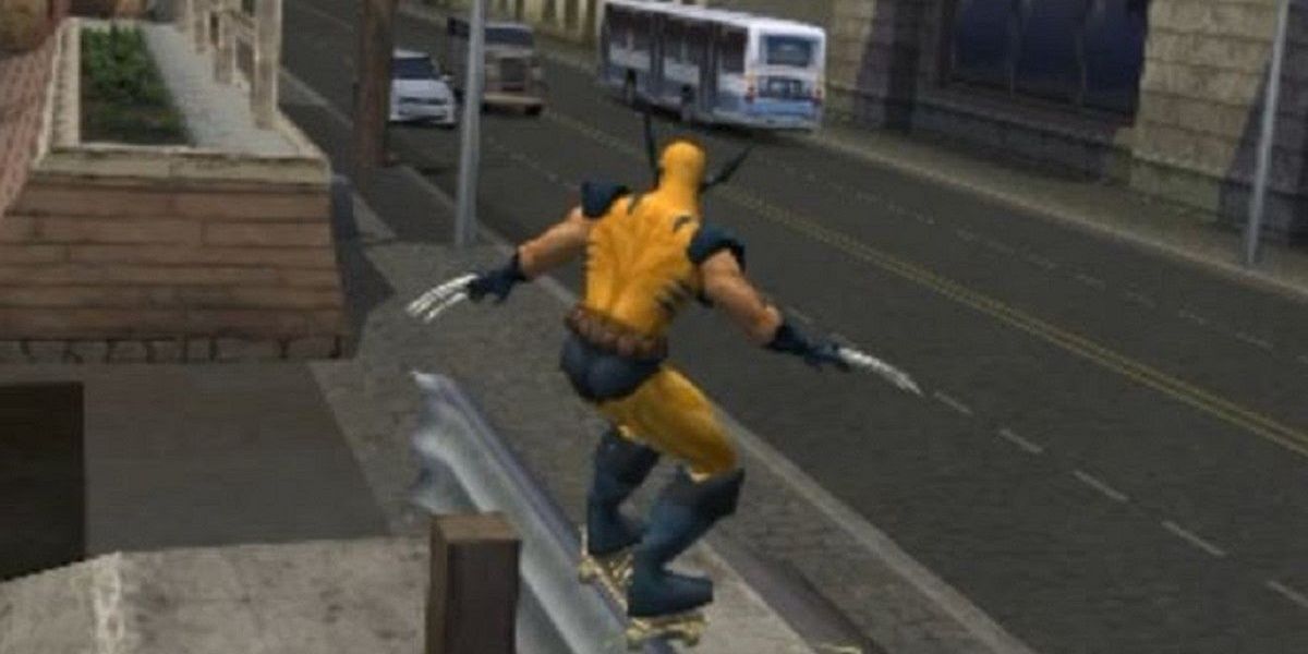 Tony Hawk Pro Skater 3 Wolverine grinding a rail on a skateboard 
