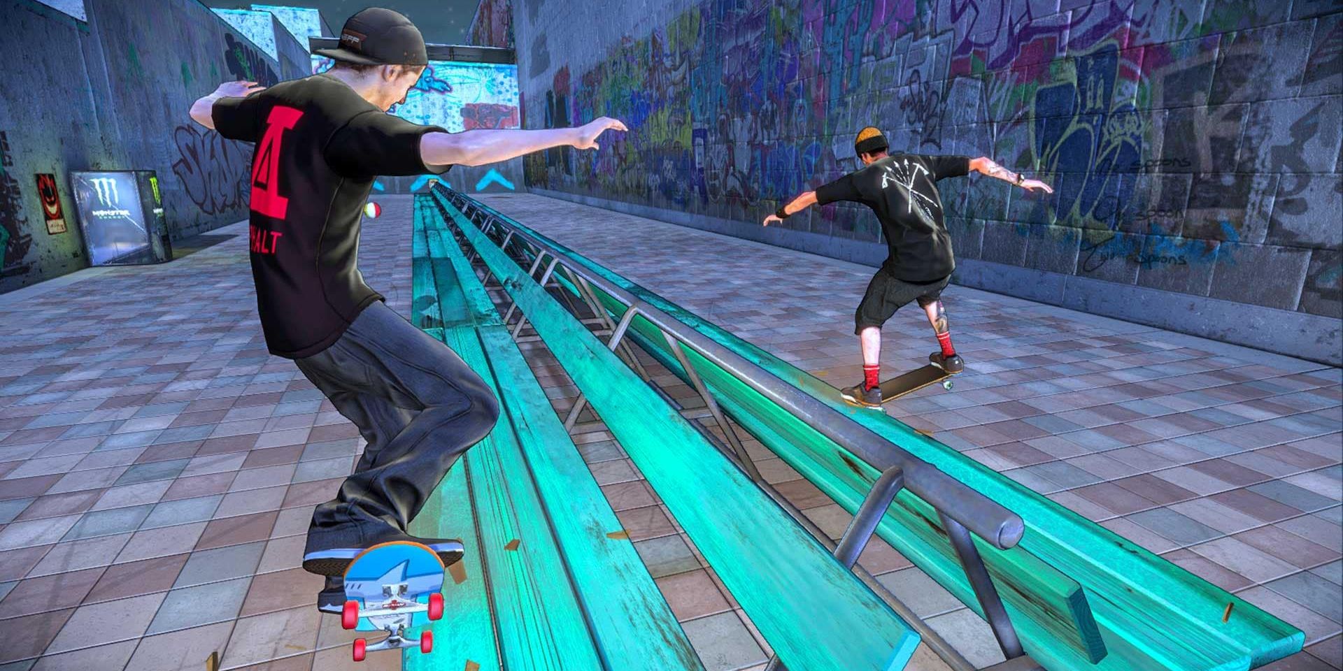 Two skateboarders grinding along rails.