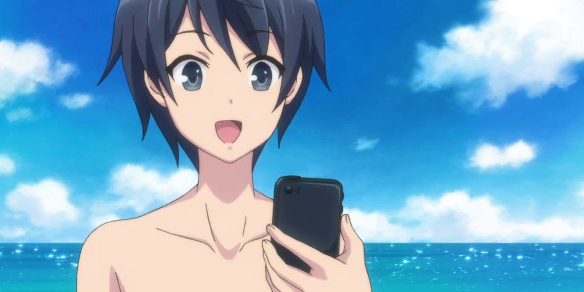 Touya looking at his phone in In Another World With My Smartphone.