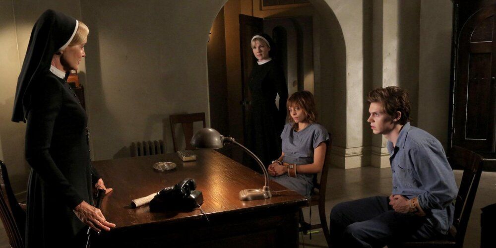 Sister Jude and Sister Mary Eunice confront Kit and Grace in American Horror Story Asylum