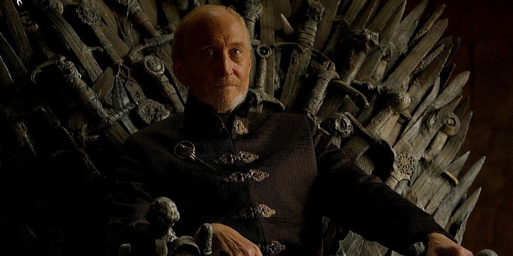 Tywin Lannister (Charles Dance) on the Iron Throne in Game of Thrones