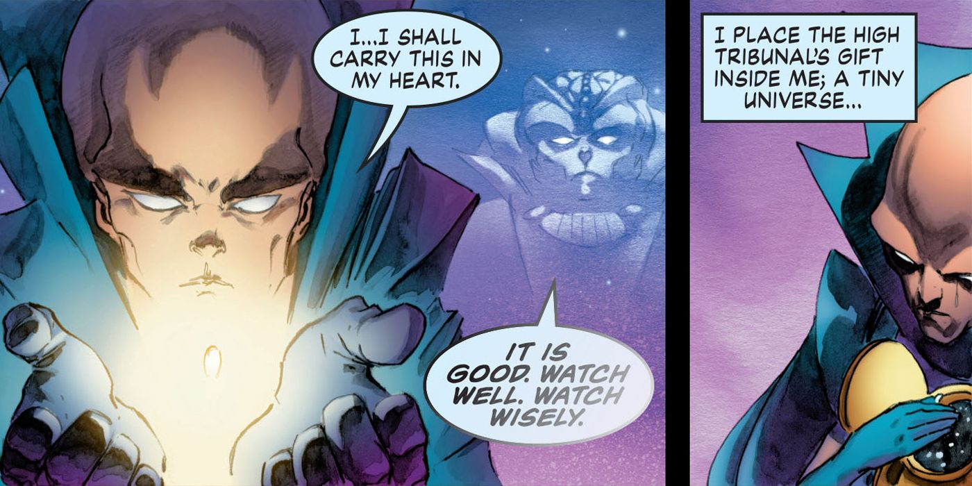 Uatu the Watcher placing the Marvel 1602 universe inside his chest