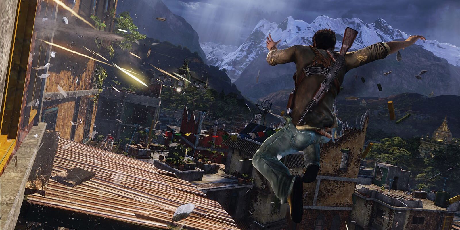 Nathan Drake leaps from buildings escapes a helicopter in Uncharted 2: Among Thieves.