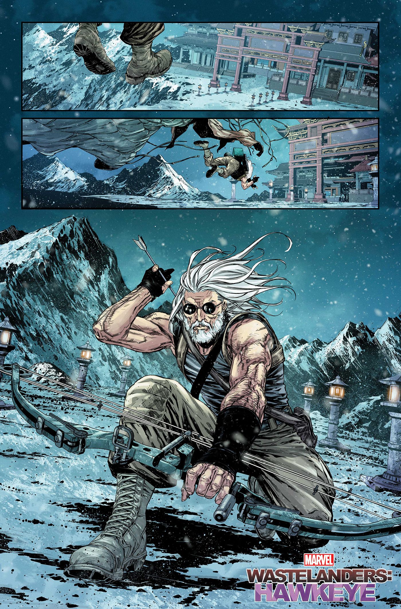 Old Man Hawkeye parachutes into a temple.