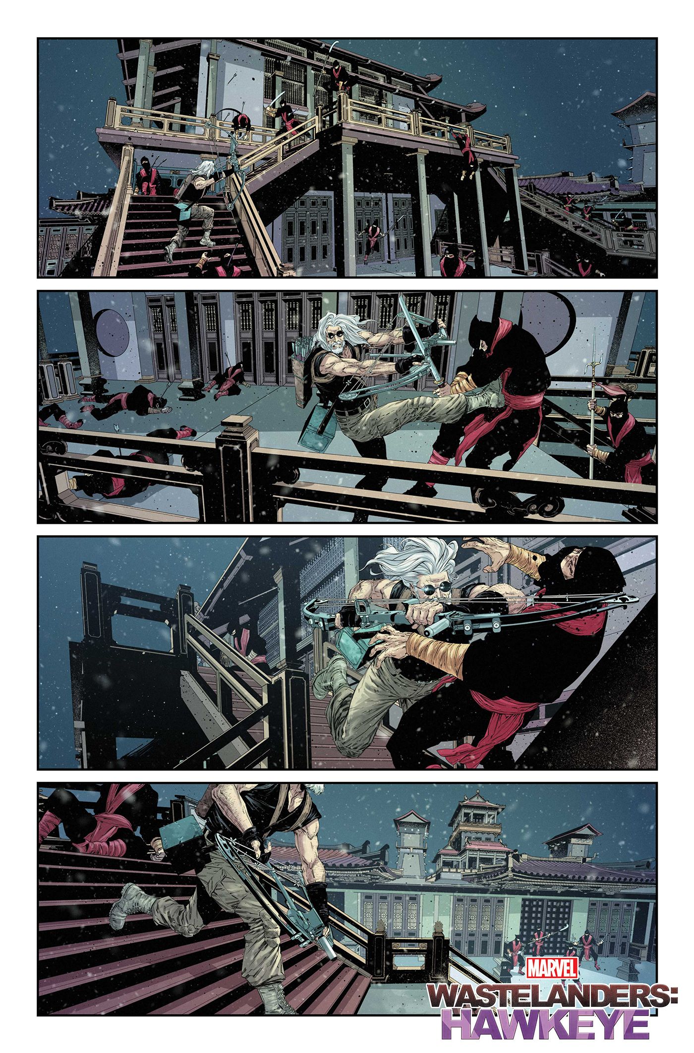 Hawkeye fights ninjas while infiltrating the temple.
