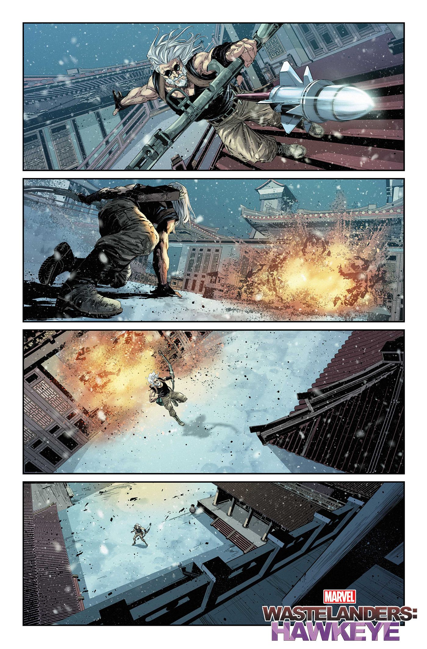 Hawkeye uses an explosive arrow to blow open the temple door.