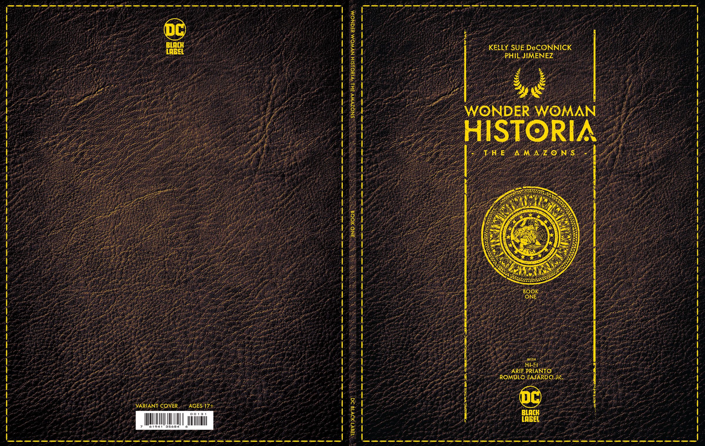 The variant cover for Wonder Woman Historia: The Amazons #1 appears like a leather-bound book.