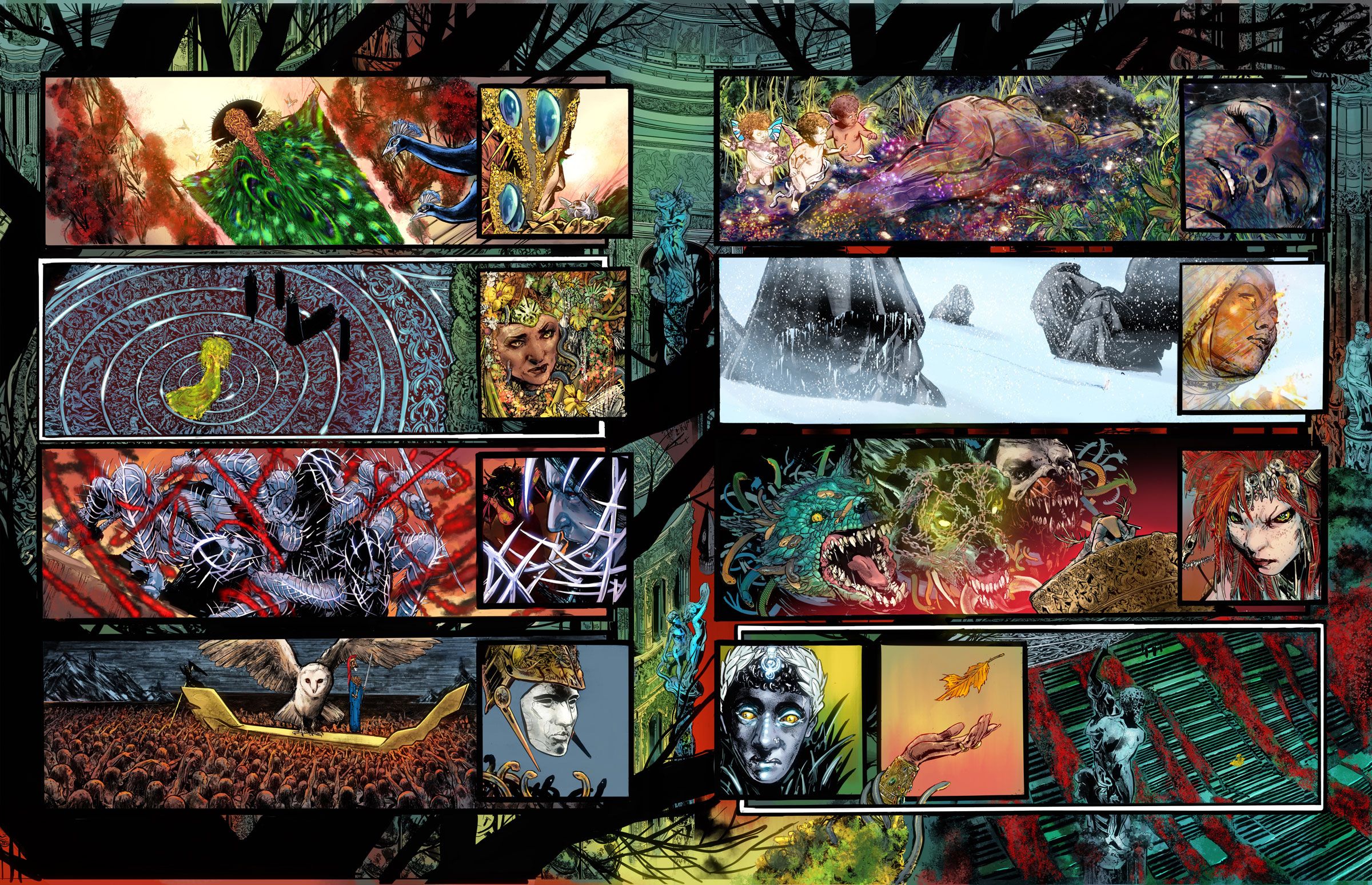 A lush and colorful splash page shows many elements pulled from mythology.
