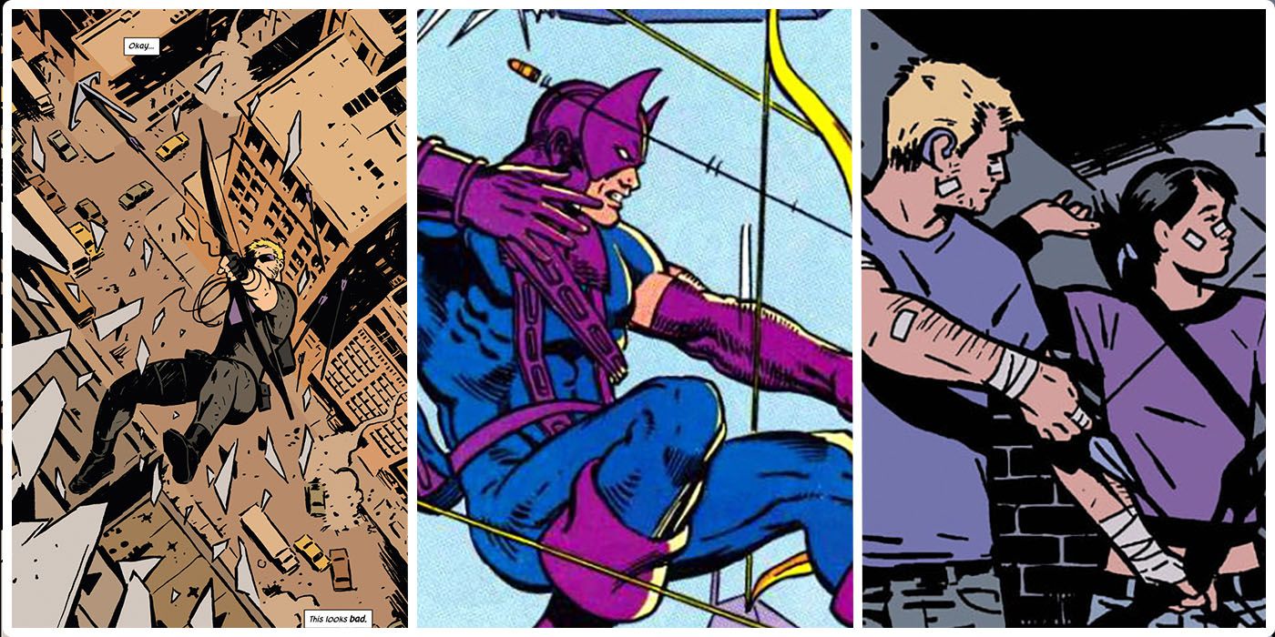 The panels of Clint Barton from the comics. The first is a brown background as he jumps off a roof and aims up toward the viewer. The second is him in his classic purple costume firing arrows at something off panel. The third is him and Kate Bishop in casual wear, both with bandages on recent wounds.