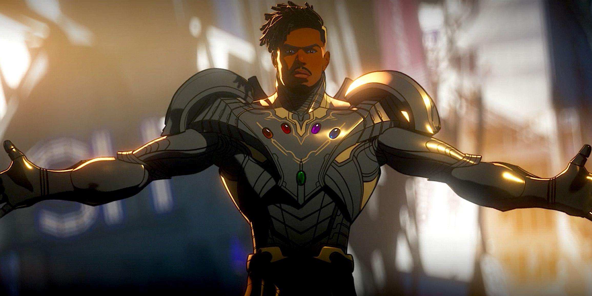 Killmonger wearing his Infinity Suit armor
