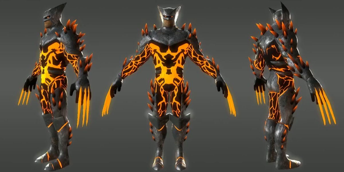Wolverine from marvel heroes in a red lava outfit with spikes 