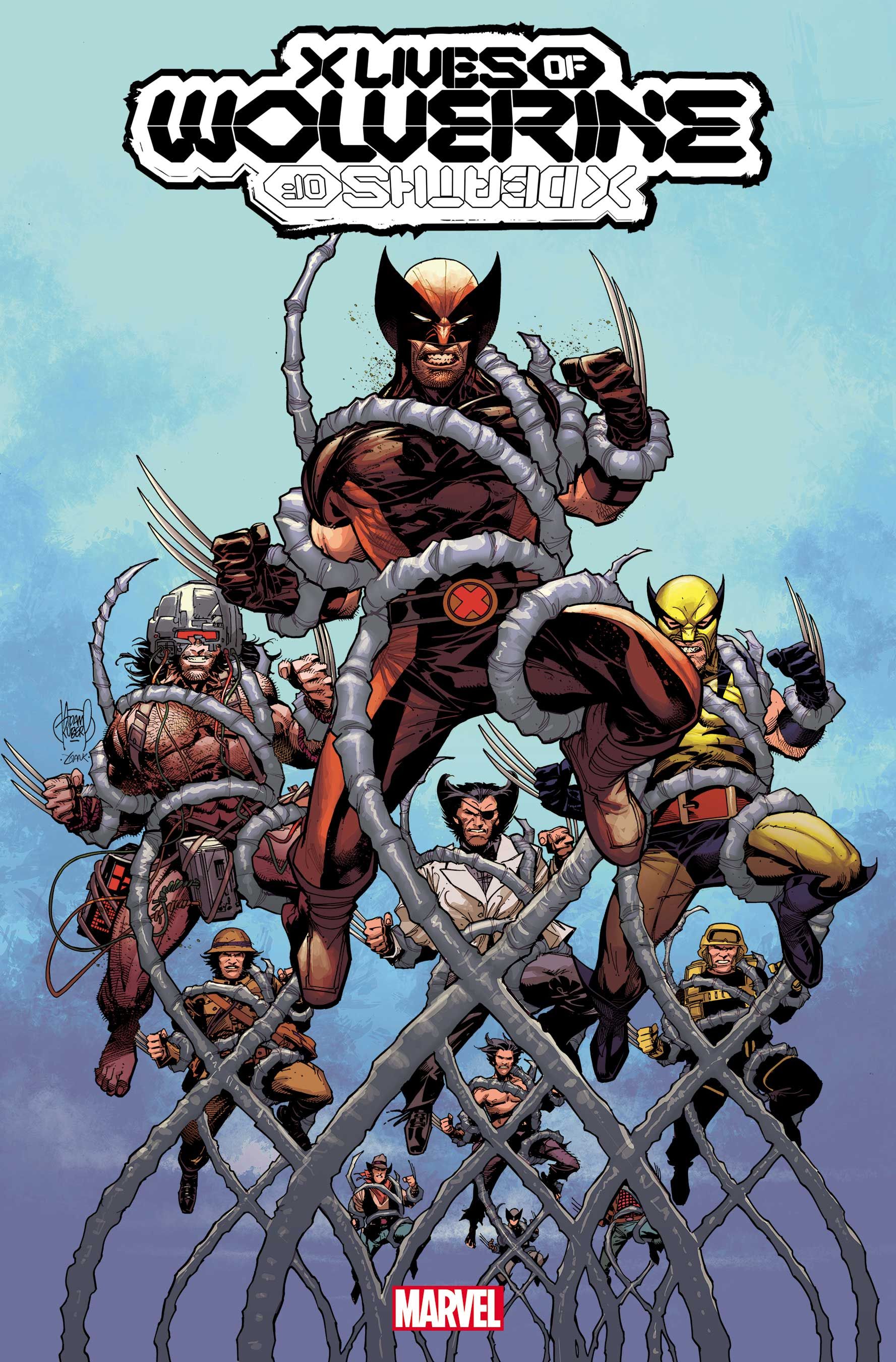 Various iterations of Logan on the cover of X Lives of Wolverine 1 by Adam Kubert