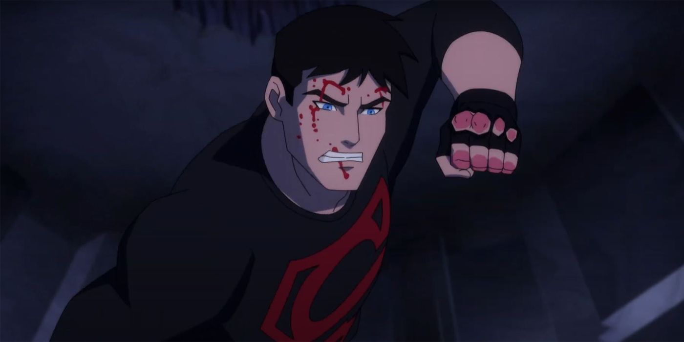 Superboy attacking someone with blood splatter on his face and fist.