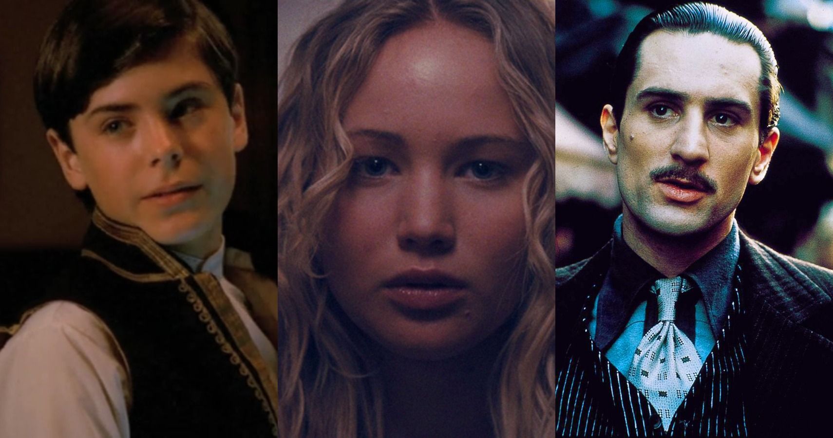 A combined image featuring a young Zac Efron on the left, a young Jennifer Lawrence in the middle, and a younger Robert De Niro on the right.