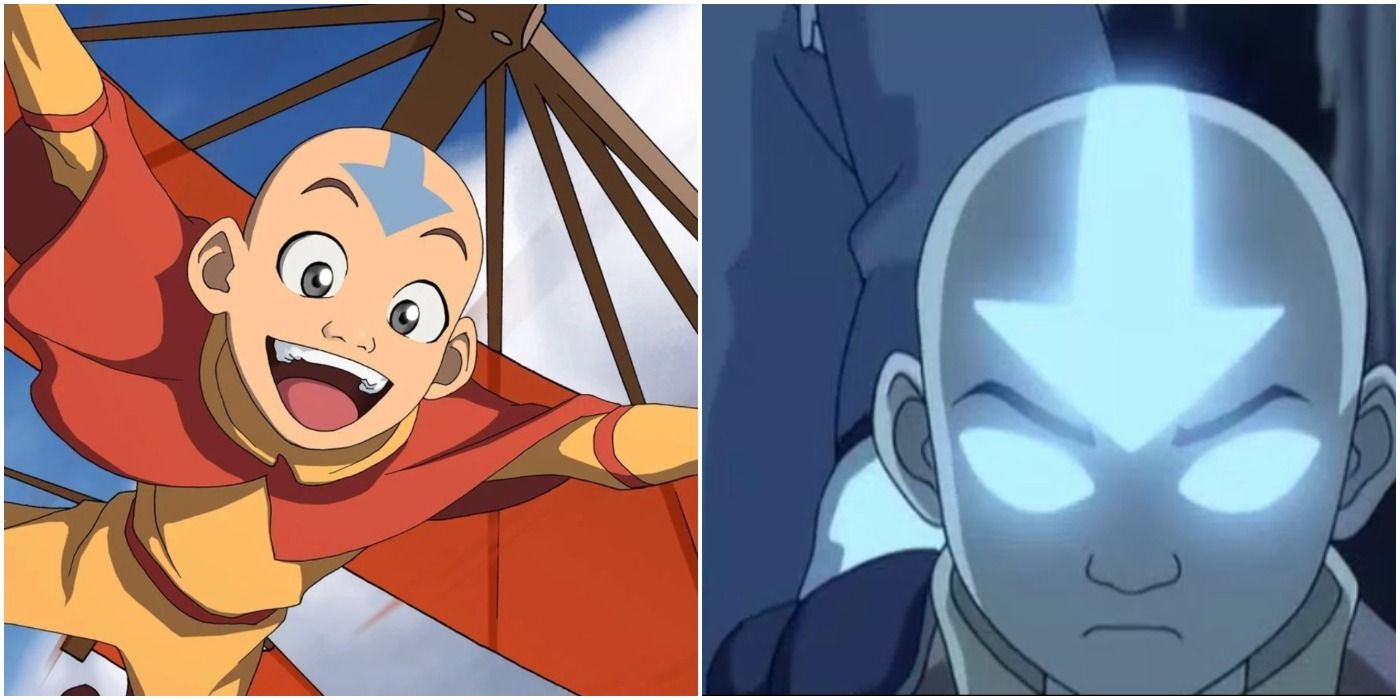 Aang gliding (left); Aang in Avatar State (right)