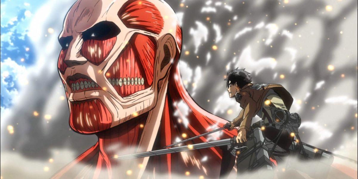 Eren from Attack on Titan stands ready to fight the Colossal Titan