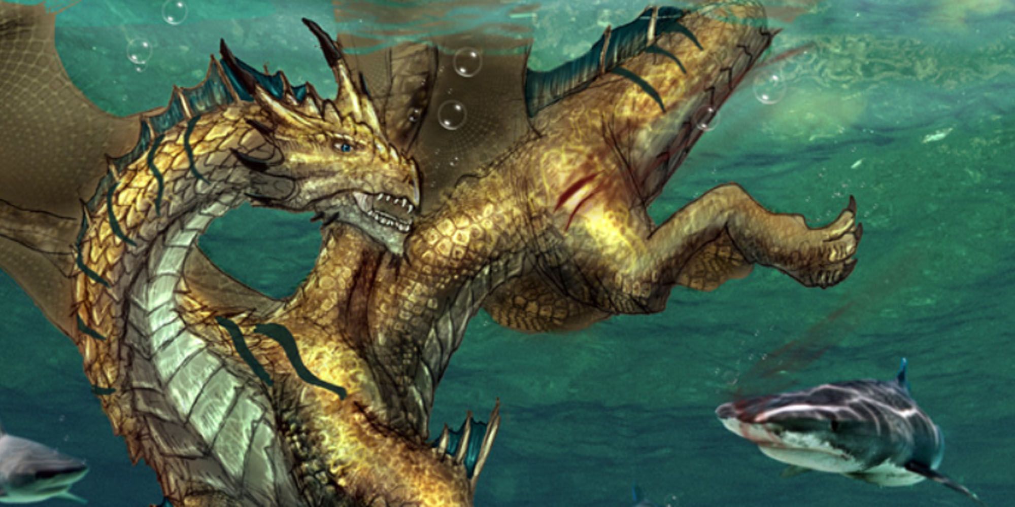 A bronze dragon underwater in DnD.