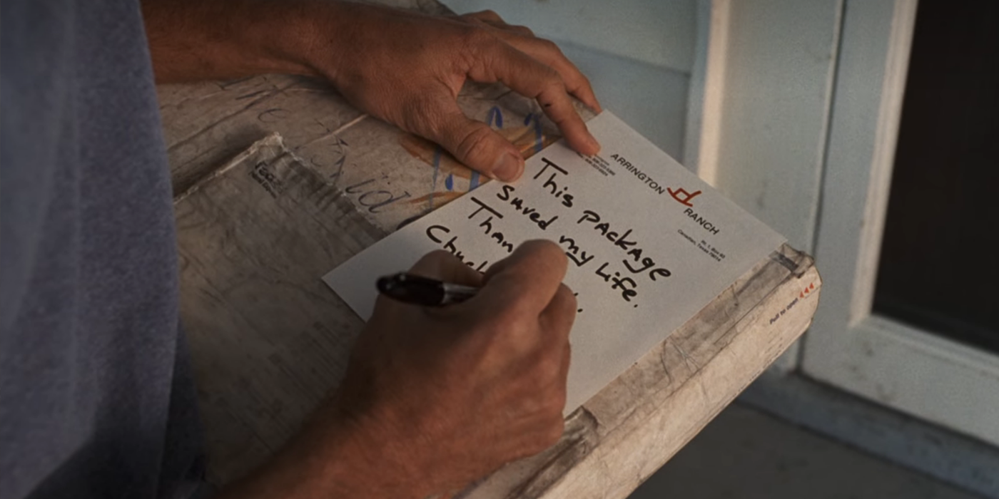 Tom Hank's Chuck writing on a FedEx package in Cast Away 