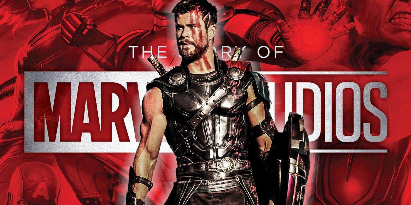 Chris Hemsworth stands as Thor in front of a logo for The Story of Marvel Studios.