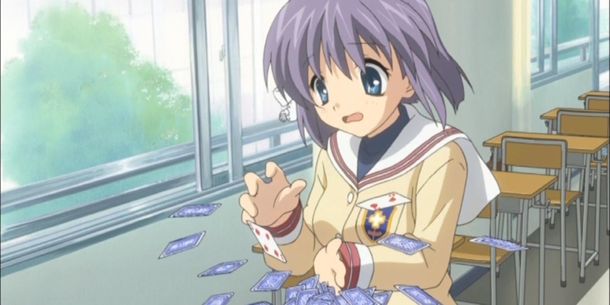 Ryou Fujibayashi dropping a pack of playing cards in Clannad.