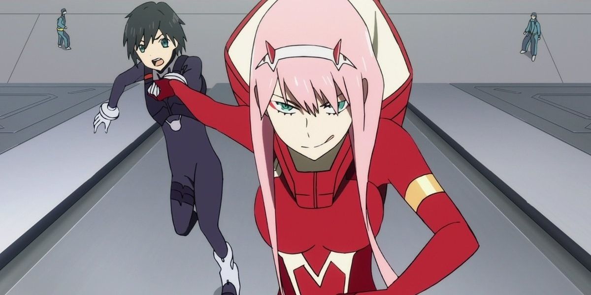 Hiro being dragged by Zero Two