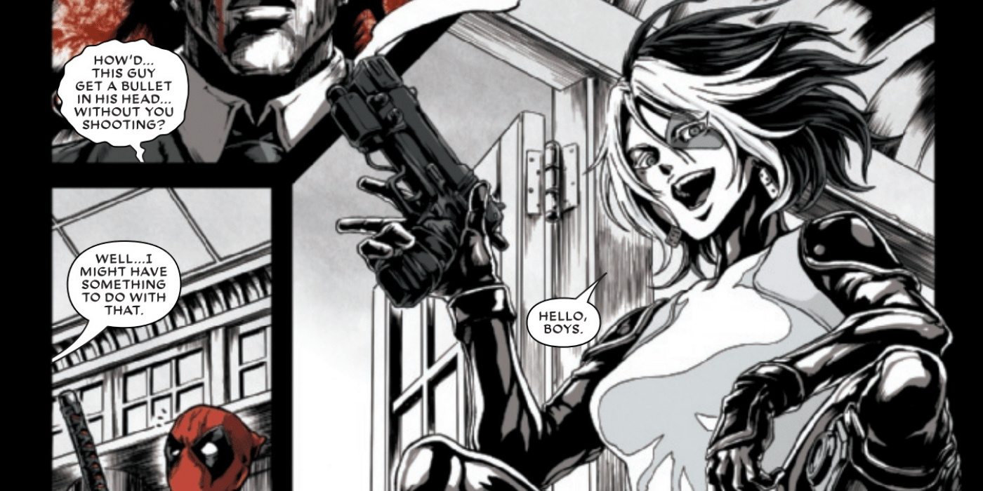 Domino holding a smoking gun in Deadpool: Black, White, and Blood #3