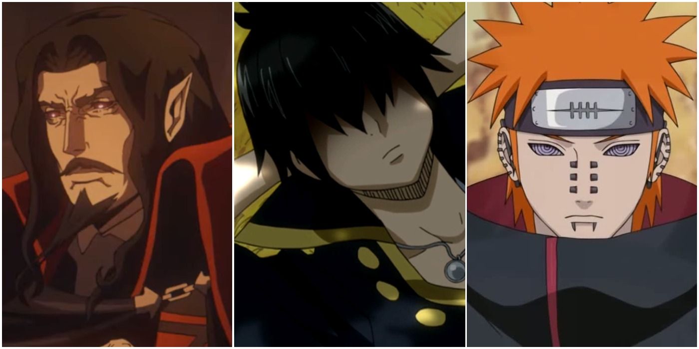 Dracula from Castlevania (left); Zeref from Fairy Tail (center); Pain from Naruto (right)