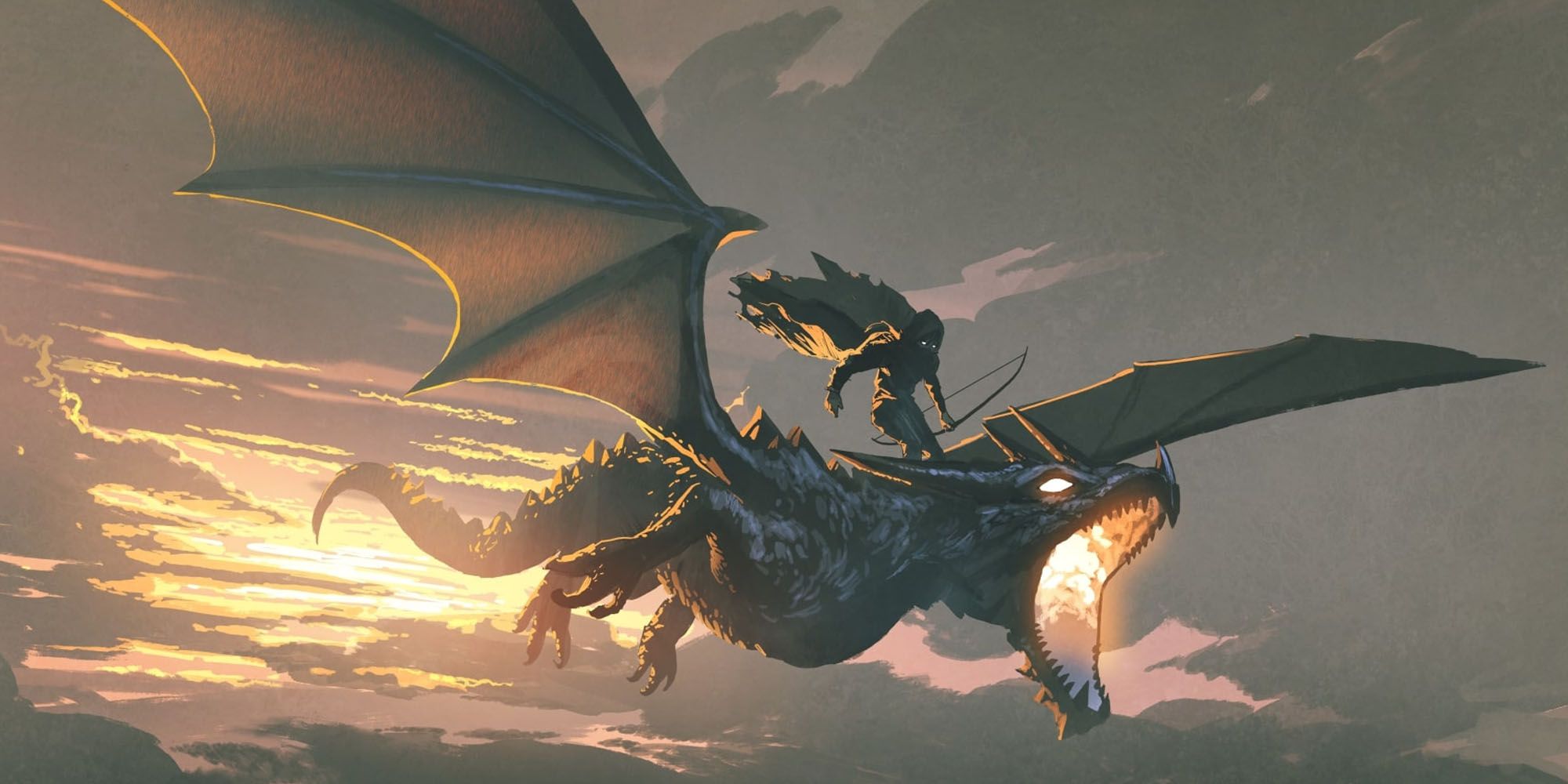 A humanoid figure riding on a dragon's back