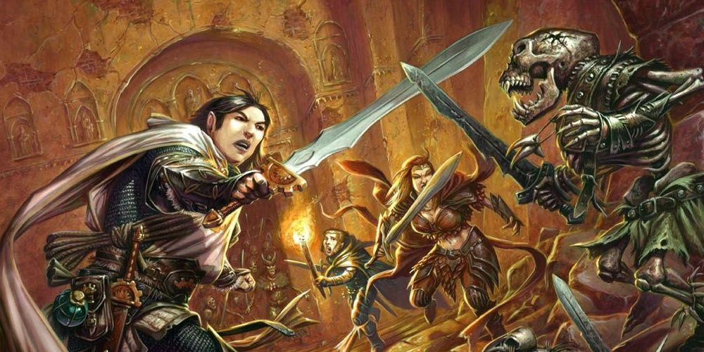 dungeons and dragons 4th edition party facing skeletons on dungeon steps