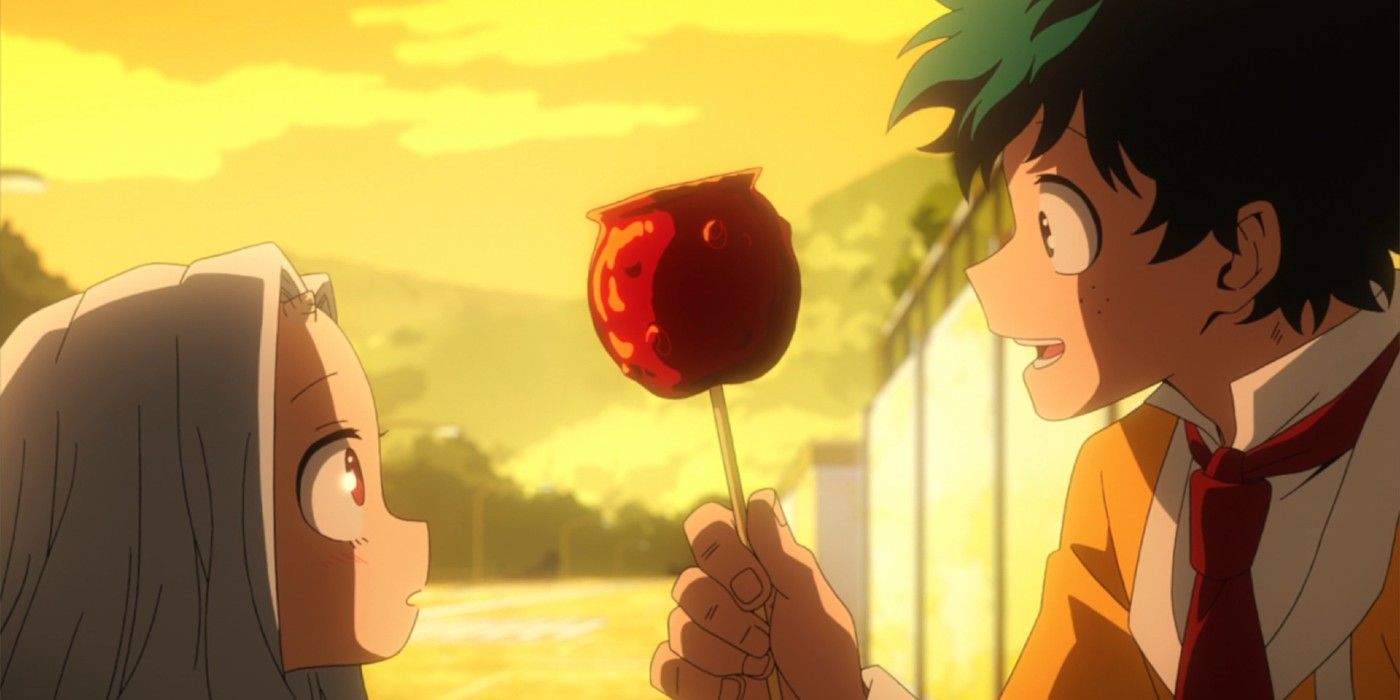 Izuku gives Eri a candy apple at the school festival