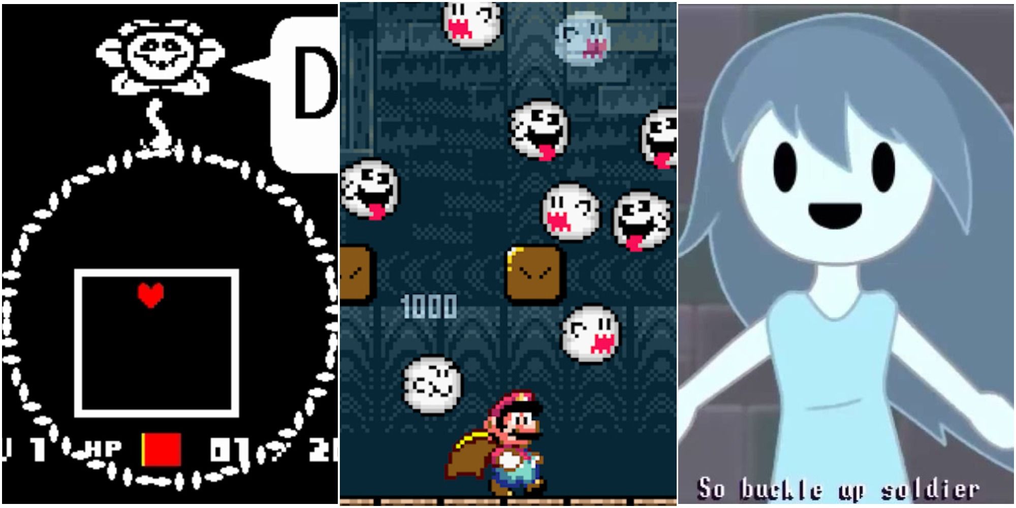 cute video game enemies from undertale, spokoy's house of jumpscares, and super mario