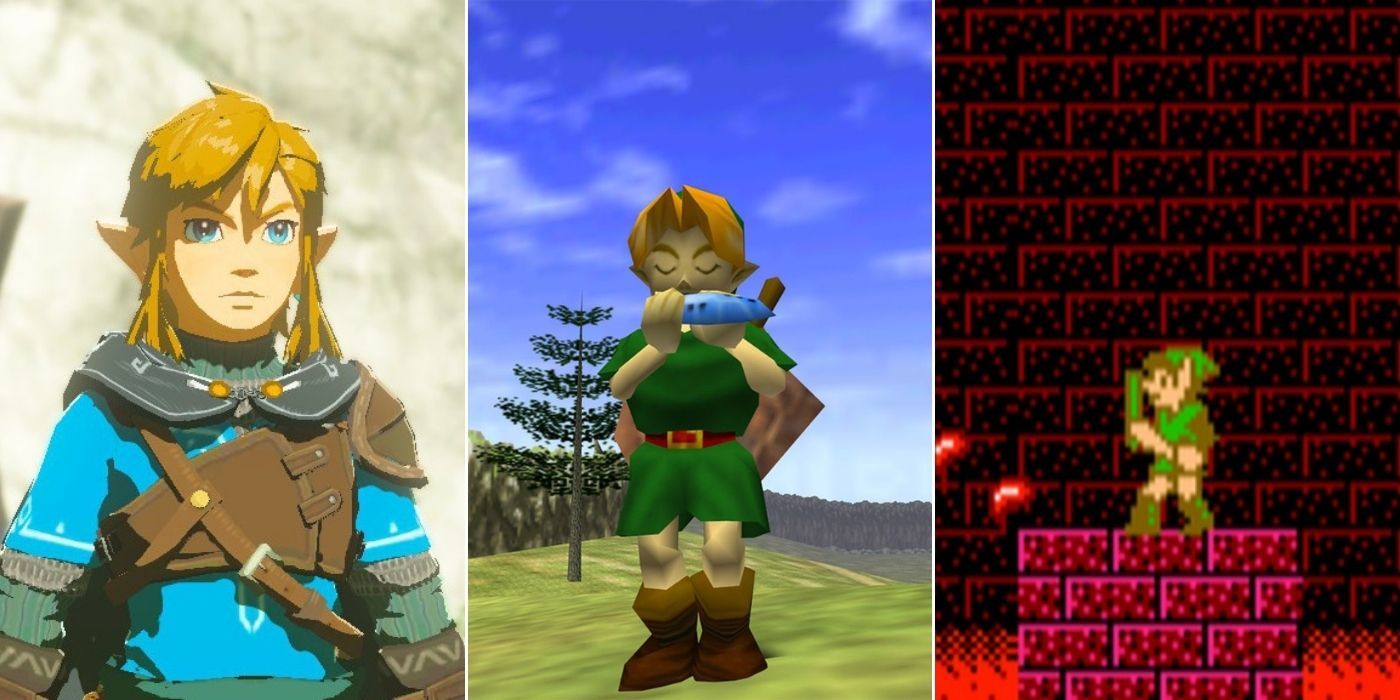 Link in BOTW, Link in Ocarina of Time, and Link in Adventure of Link