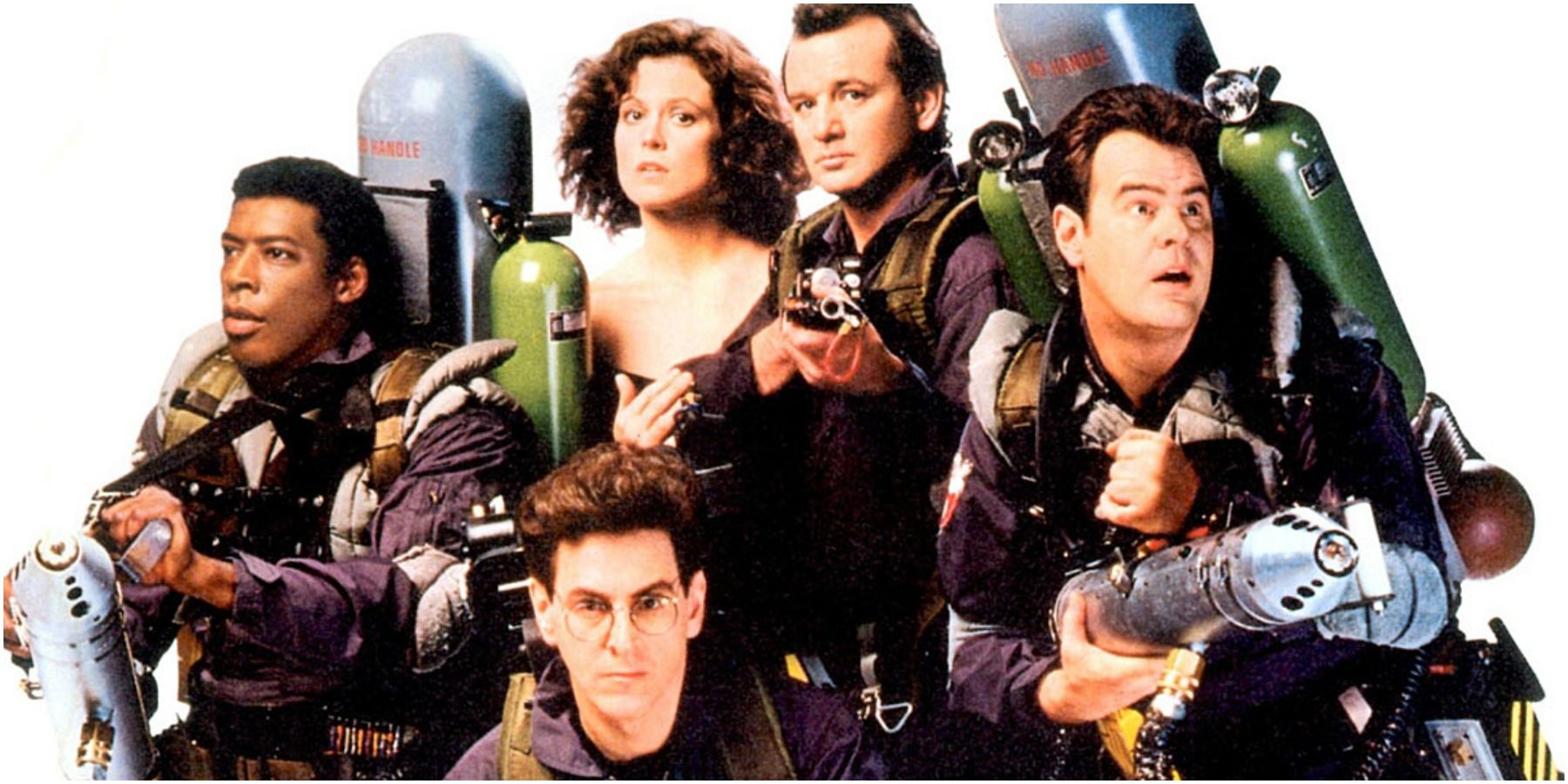 Winston, Dana, Peter, Ray, and Egon in Ghostbusters II with slime packs 
