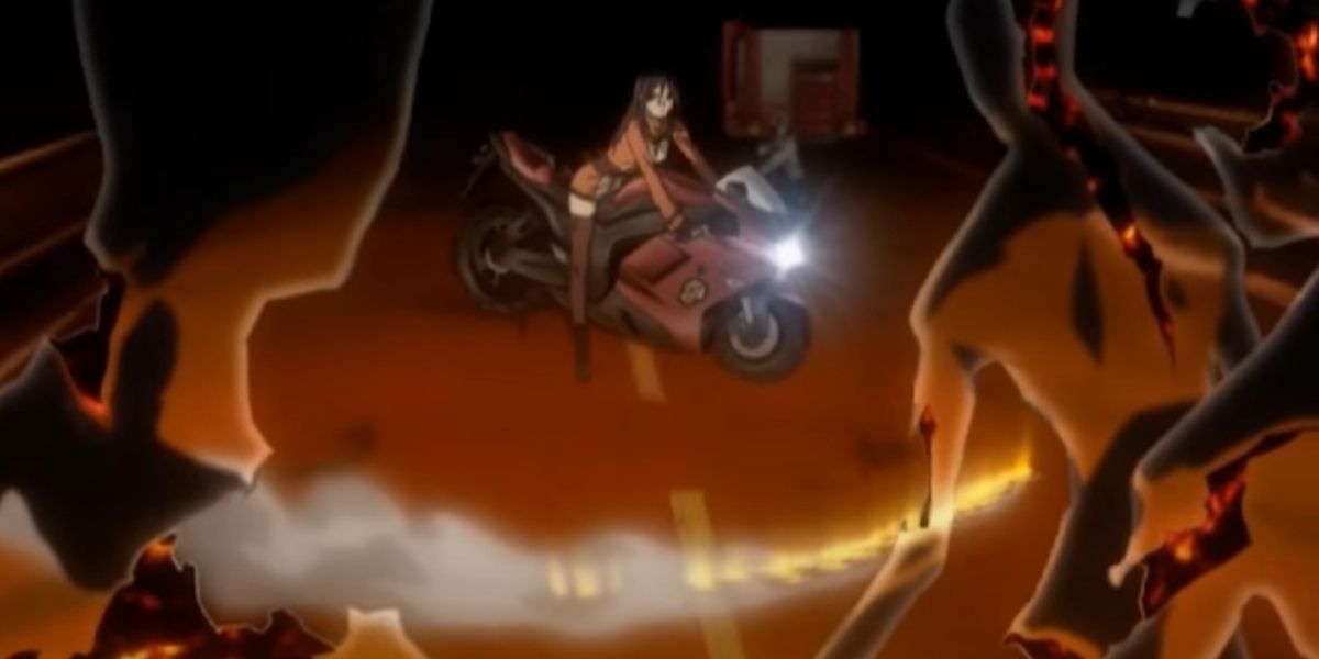 Natsuki's Motorcycle leaves protective rune markings on the ground