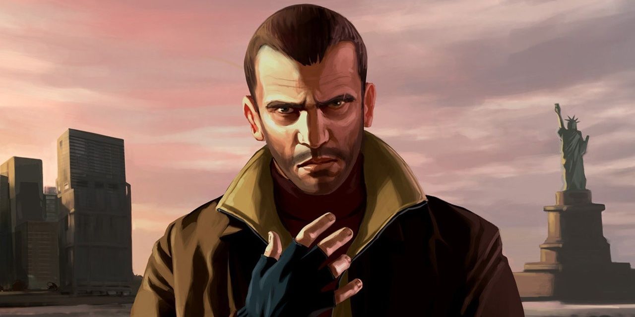 Niko Bellic glares at the screen in front of the cityscape in GTA IV