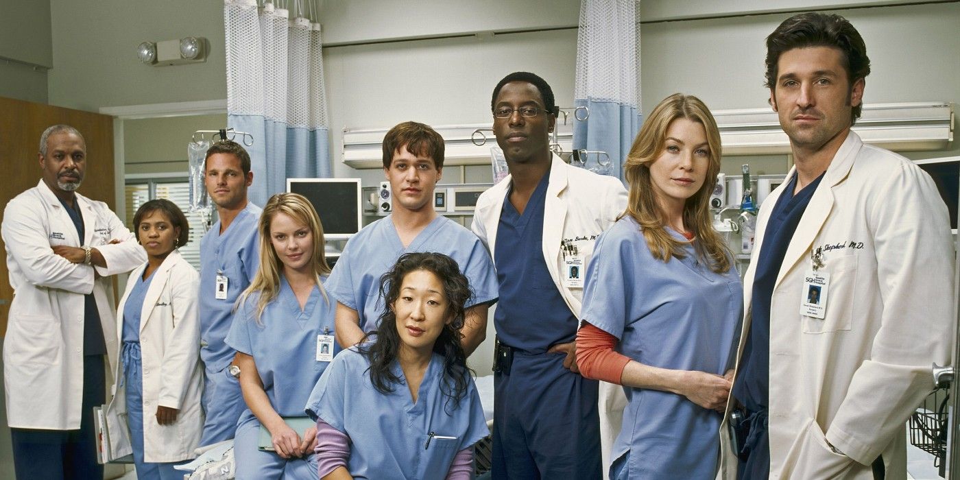 A Grey's Anatomy promotional image showing a group of doctors in a hospital ward
