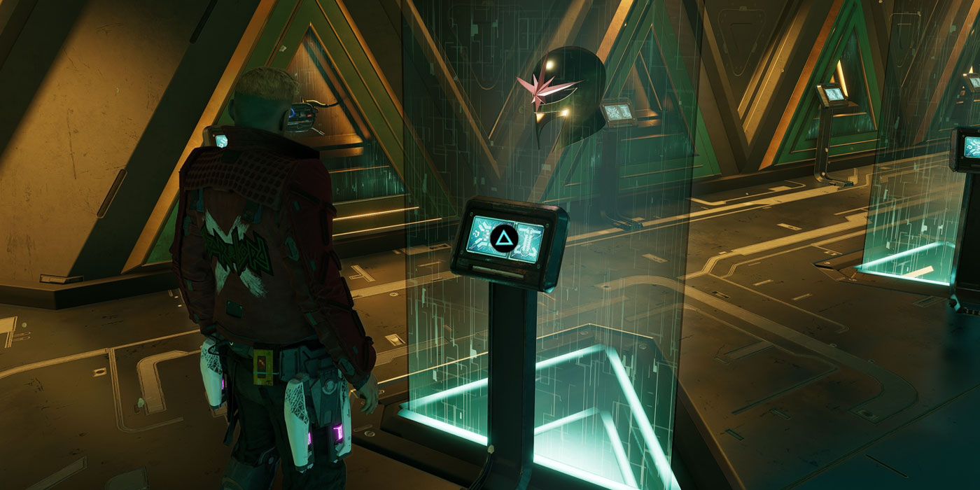 Richard Rider's original Nova helmet on display in the Collector's Emproium in Guardians of the Galaxy. 