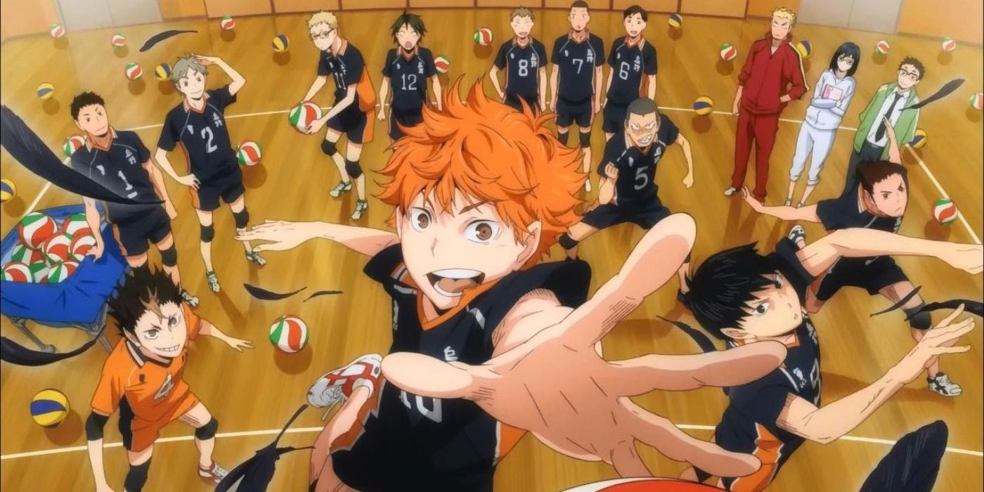 Hinata from Haikyuu!! jumping with the other characters behind him
