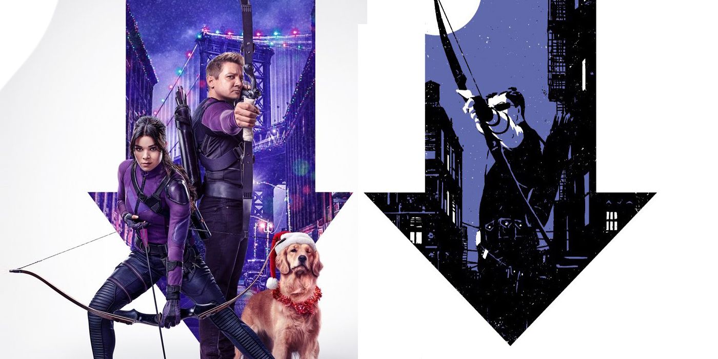 A split image of a Hawkeye TV show poster and a Matt Fraction/David Aja comic cover.
