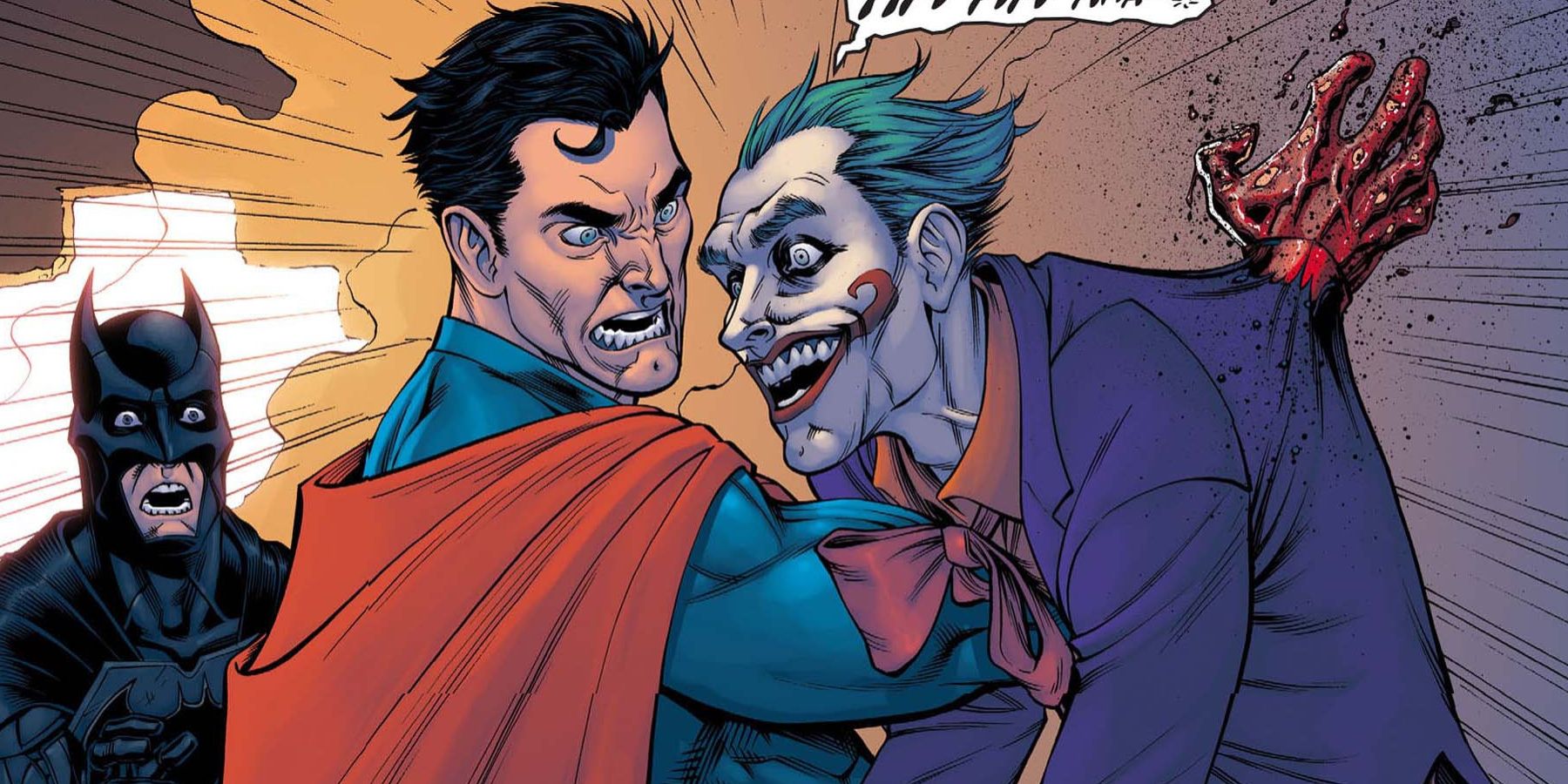 Injustice Superman killing Joker, Batman looks horrified in the background.