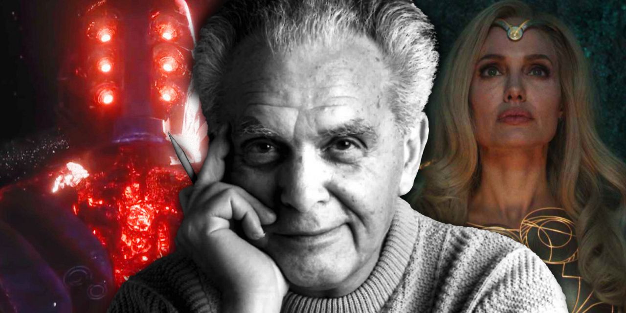 Jack Kirby with Celestial and Thena from Eternals behind him